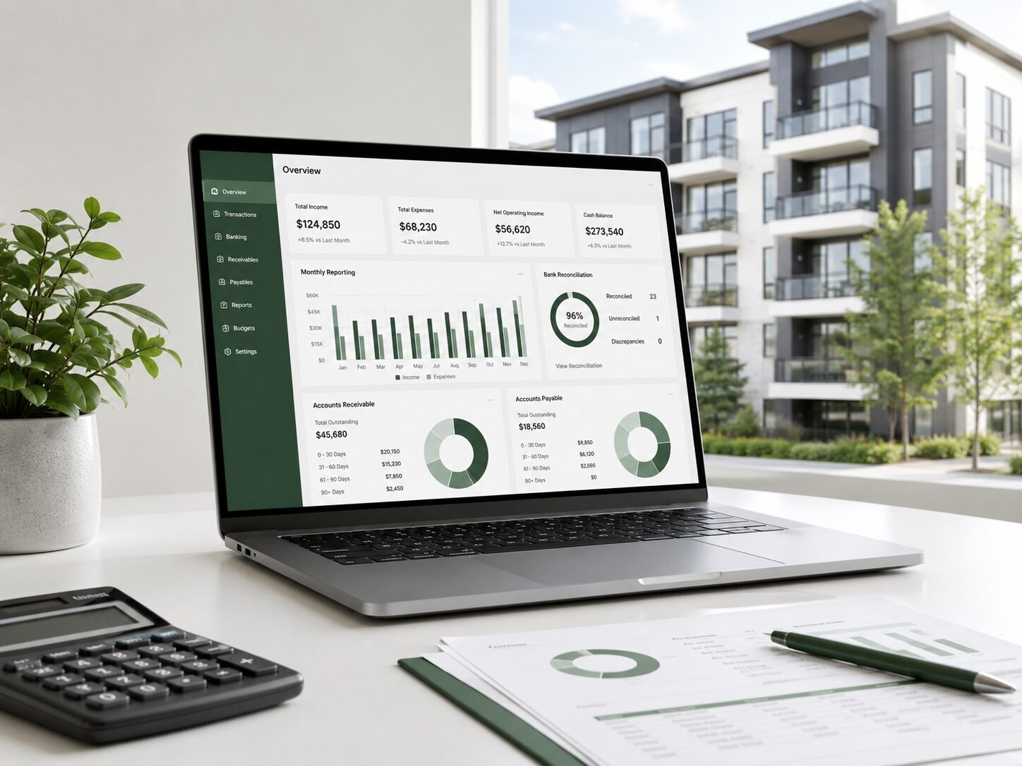 Financial reports, calculator and business growth chart