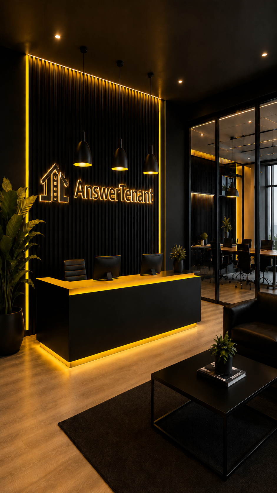 Answer Tenant branded office interior in black and gold