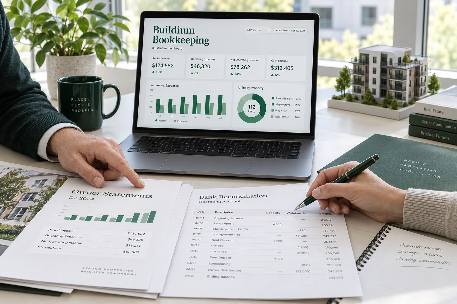 Illustration of bookkeepers reviewing owner statements and bank reconciliation