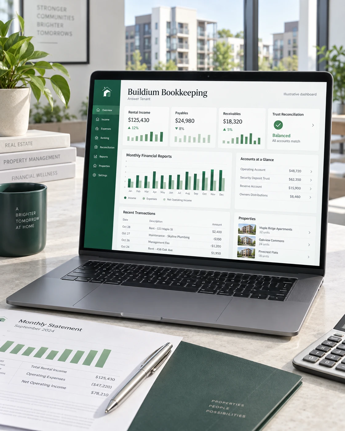 Illustrative Buildium bookkeeping financial dashboard